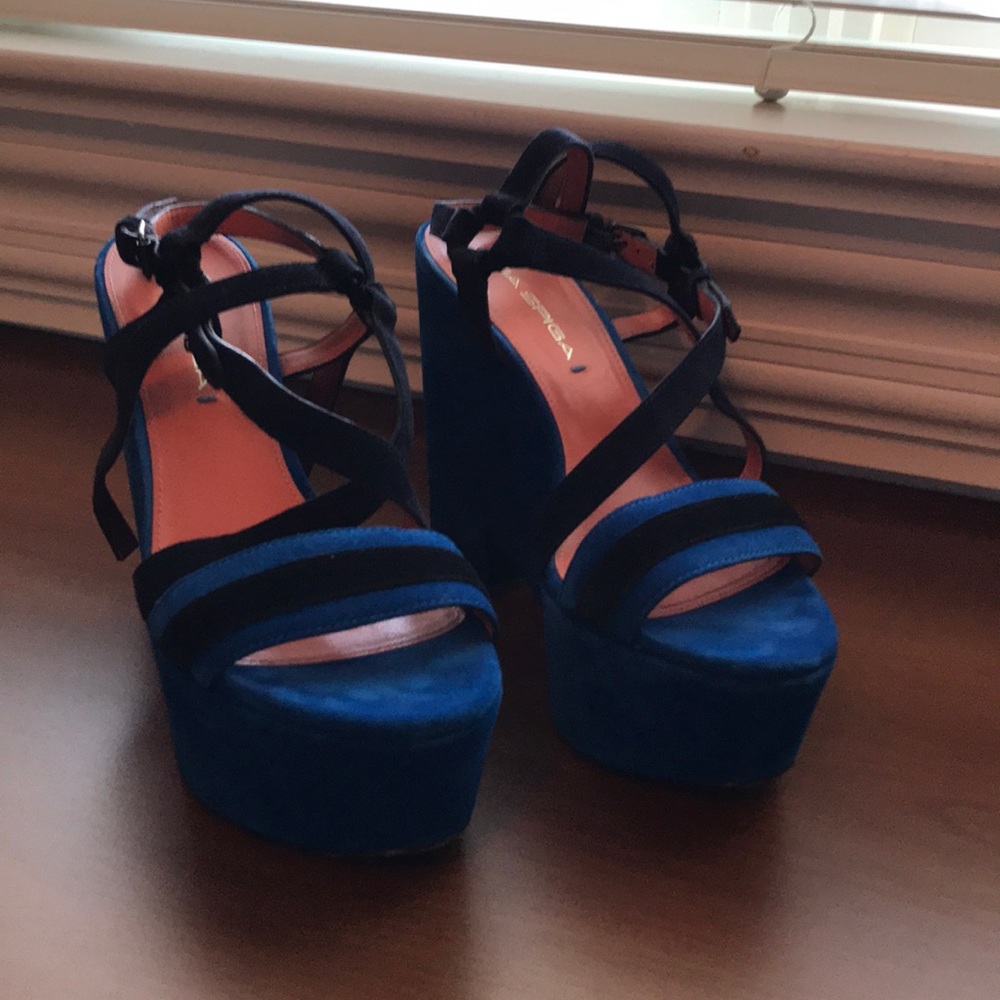 Royal blue suede wedge sandals